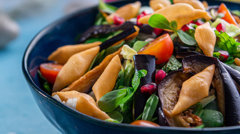 Crispy wonton topping on a salad