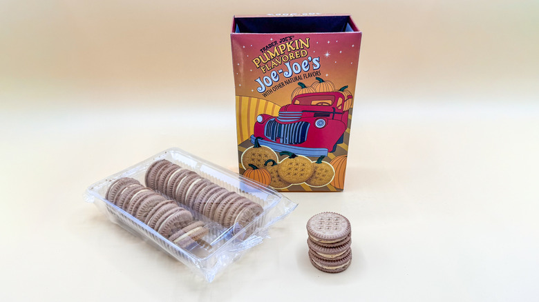 Package of Trader Joe's Pumpkin-Flavored Joe-Joe's with a few pieces stacked on each other