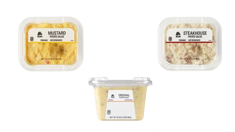 Three containers of different potato salad flavors