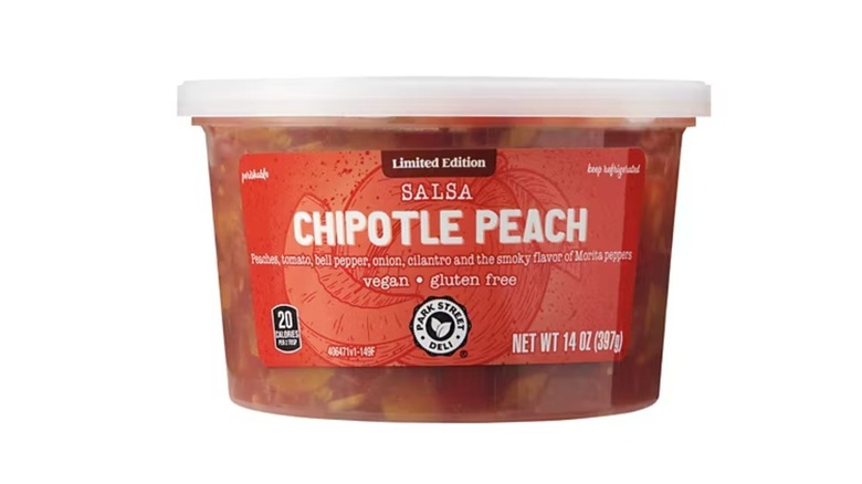 A container of chipotle peach salsa