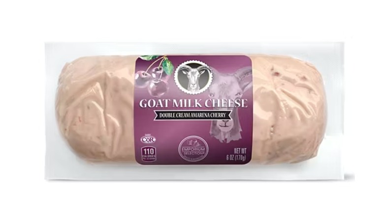 Package of light pink goat cheese with cherries on the lable