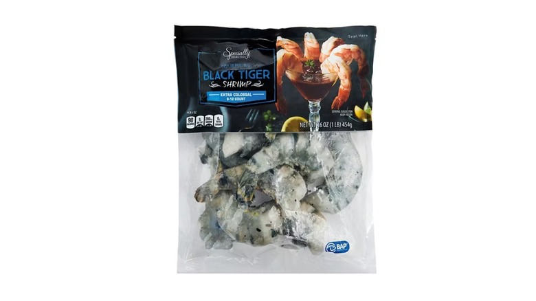 A package of raw black tiger shrimp