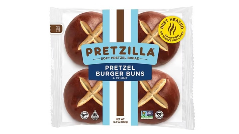 A package of four pretzel burger buns