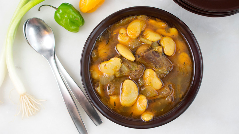 An oxtail and butter bean stew on a white background