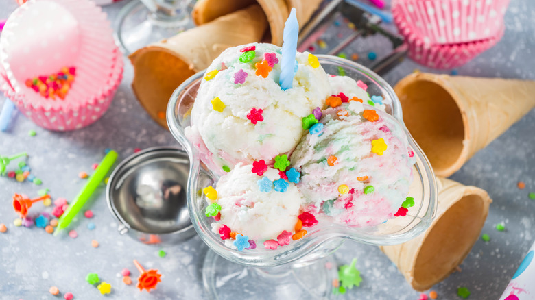Birthday cake ice cream with a a candle