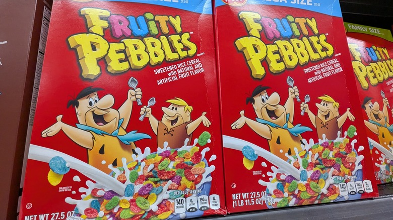 Fruity Pebbles cereal on the grocery store shelf