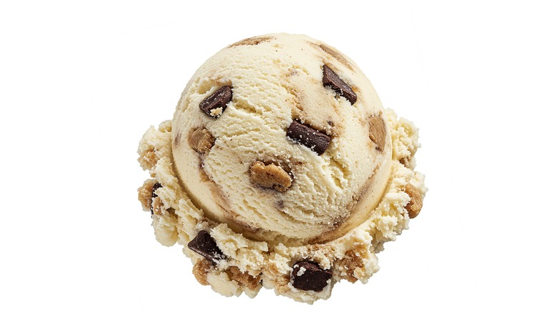 A scoop of cookie dough ice cream on a white background