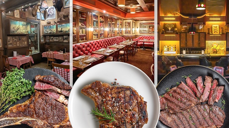Various cuts of steak and steakhouse interiors