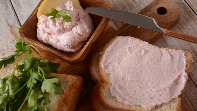 Shrimp mousse spread on bread