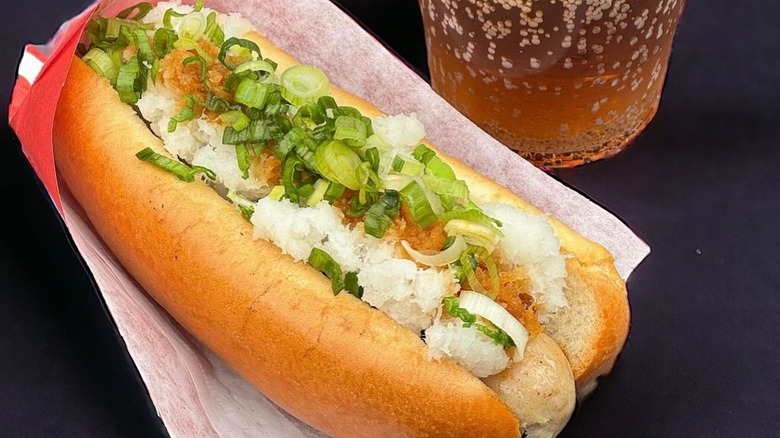 A Japadog on a counter