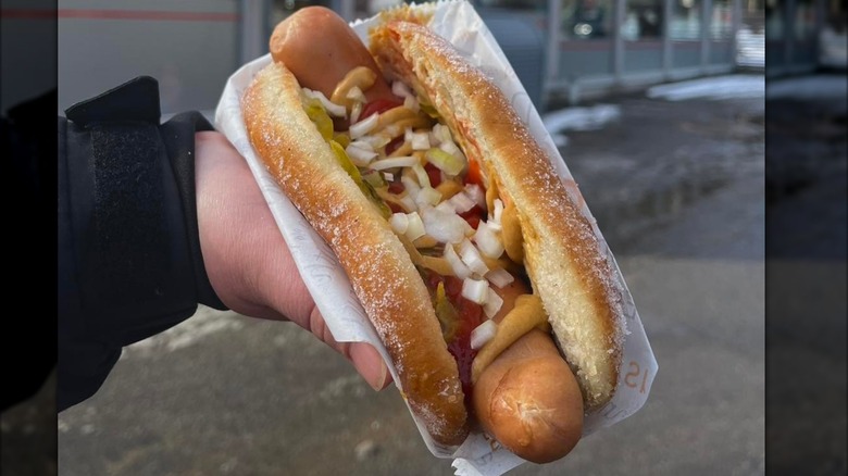 A person holding a kuuma koira hot dog
