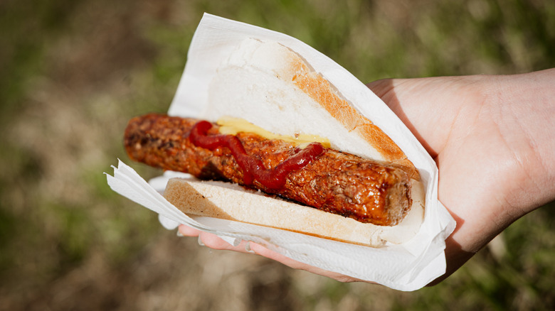 A person holding a snag hot dog