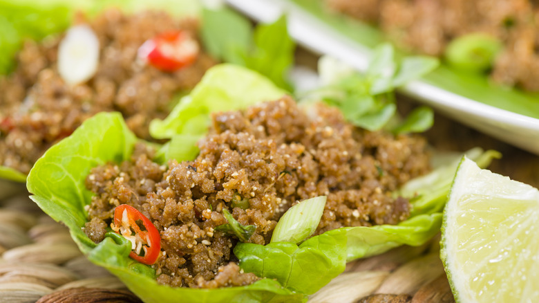 Ground beef in a lettuce wrap