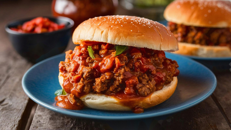 Sloppy Joe's sandwich on a plate with sauce