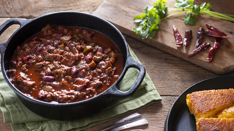 Pot of chili in a Dutch oven