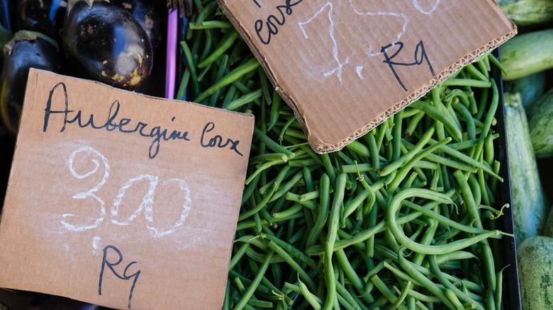 vegetable labels in a European market