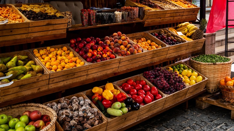 Produce in wooden bins at a European market