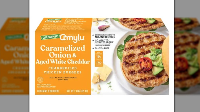 A box of Amylu Organic Caramelized Onion & Aged White Cheddar Chicken Burgers