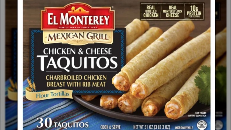 A box of El Monterey Chicken & Cheese Taquitos
