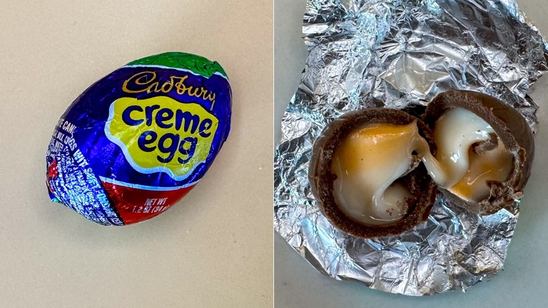 Cadbury Creme Egg whole in wrapper and broken in half and sitting in unwrapped foil