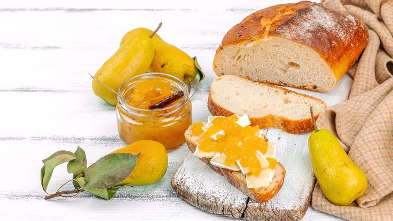 beautiful brie and pear sandwich overhead view