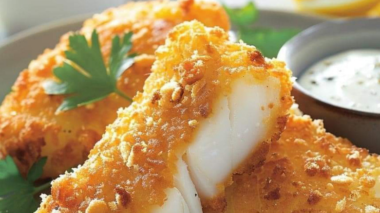 A close up of a piece of crispy breaded fried fish