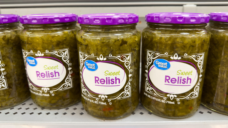 Sweet pickle relish in jars