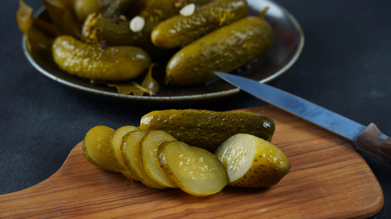 Gherkins on a cutting board