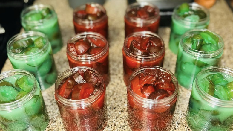 Kool-Aid pickle jars on counter