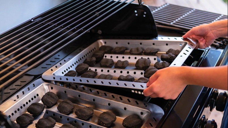 Trays with charcoal on top of grill