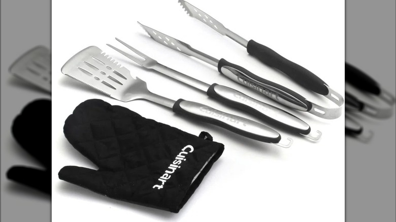 Spatula, tongs, and fork and glove