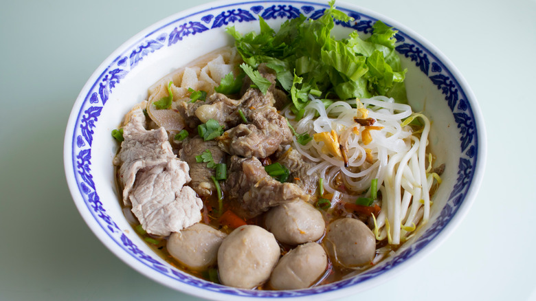 A bowl of kuy teav noodle soup
