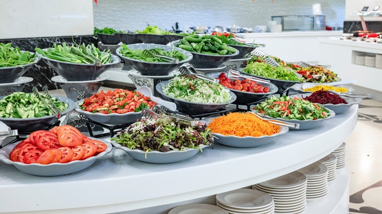 Buffet salad bar with toppings and plates