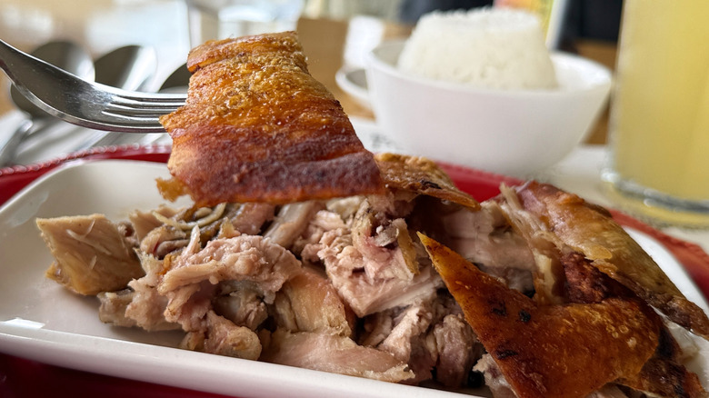 Fork holding roast pork with crispy skin