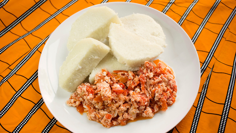 A plate of Nigerian egg stew on a table