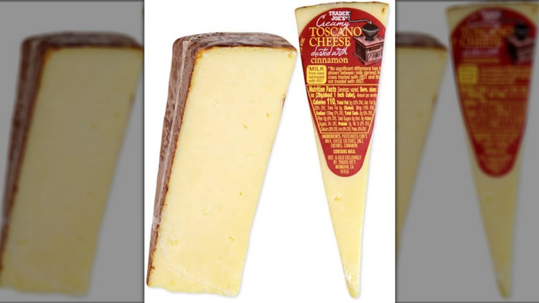 Top-down and side view of wedges of Trader Joe's Creamy Toscano Cheese Dusted with Cinnamon