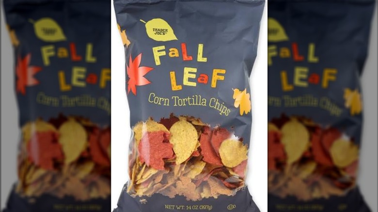 Bag of Trader Joe's Fall Leaf Corn Tortilla Chips with a clear window showing chips in fall leaf shapes and colors