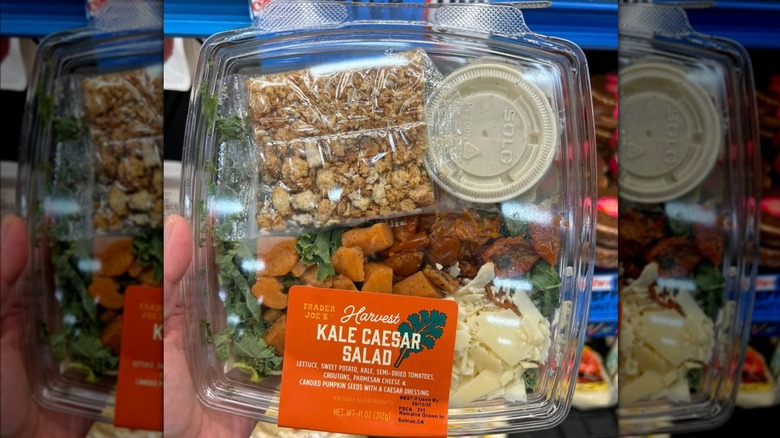 Person's hand holding a plastic clamshell package of a Trader Joe's Harvest Kale Caesar Salad
