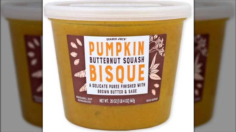 Plastic container of Trader Joe's Pumpkin Butternut Squash Bisque