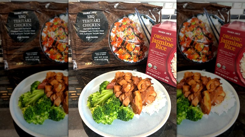 Package of Trader Joe's BBQ Teriyaki Chicken in front of cooked plate with chicken, rice, and broccoli.