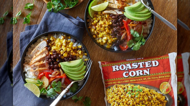 Bag of Trader Joe's roasted corn next to bowls