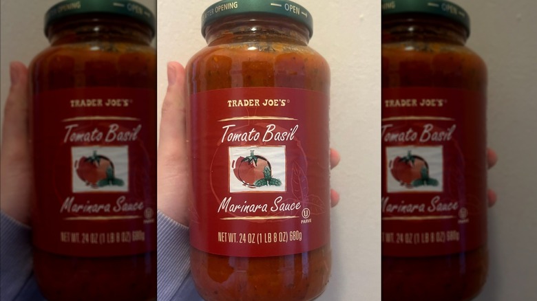 Trader Joe's marinara sauce jar in home residence.