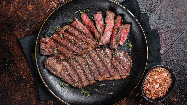 Sliced Denver steak cooked medium rare.