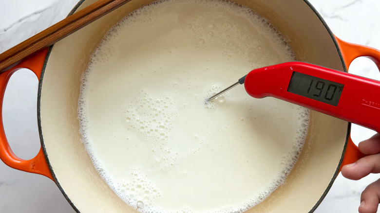 pot of milk with thermometer reading 190 F