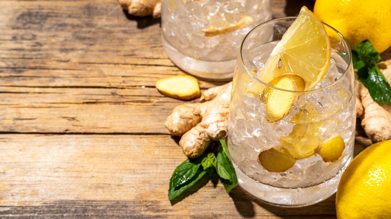 a ginger ale cocktail in a glass with ice, lemon slices, and ginger