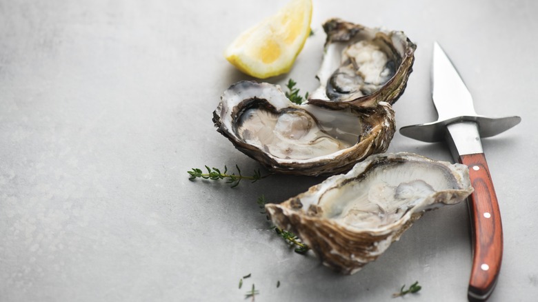 Three oysters with knife and lemon