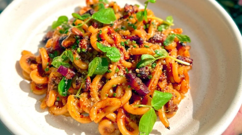 White bowl of house made pasta with pancetta, tomatoes, and fresh basil