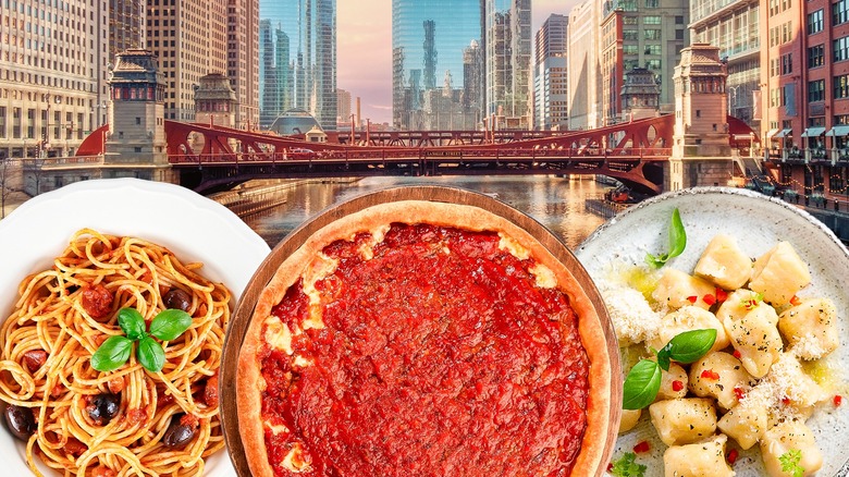 Chicago skyline with spaghetti dish, deep dish pizza, and gnocchi in the foreground