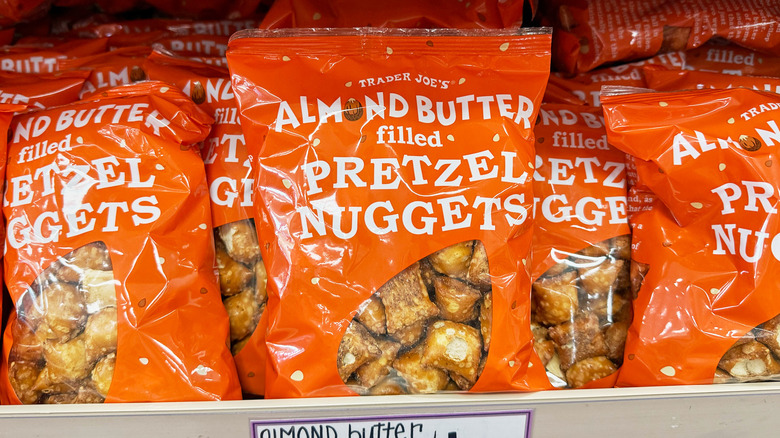 Bags of pretzel nuggets on a shelf