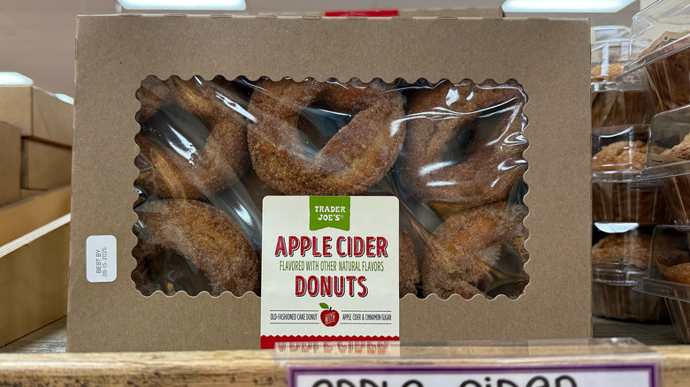 A box of Trader Joe's apple cider donuts on a shelf